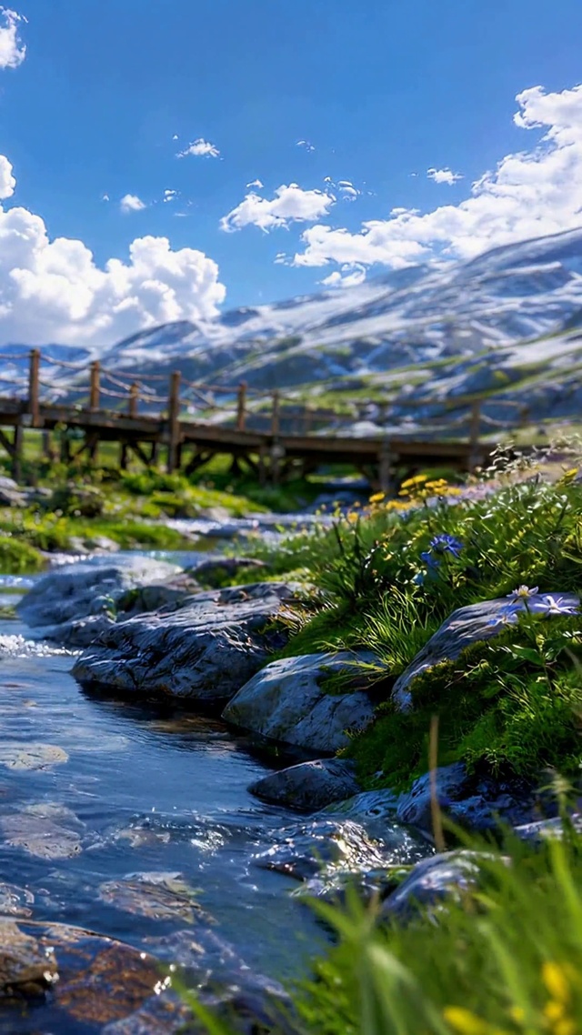 清新山间溪流木桥风景