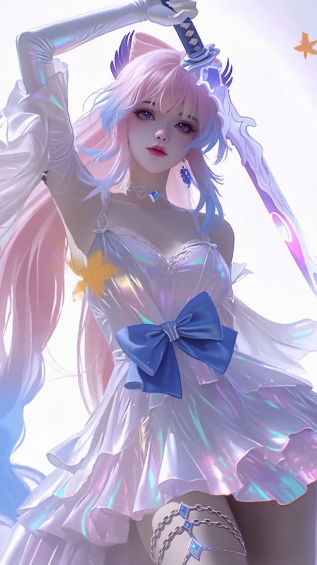 梦幻粉蓝持剑美少女