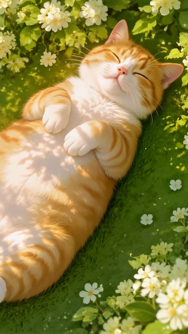 阳光下花丛酣睡的橘猫