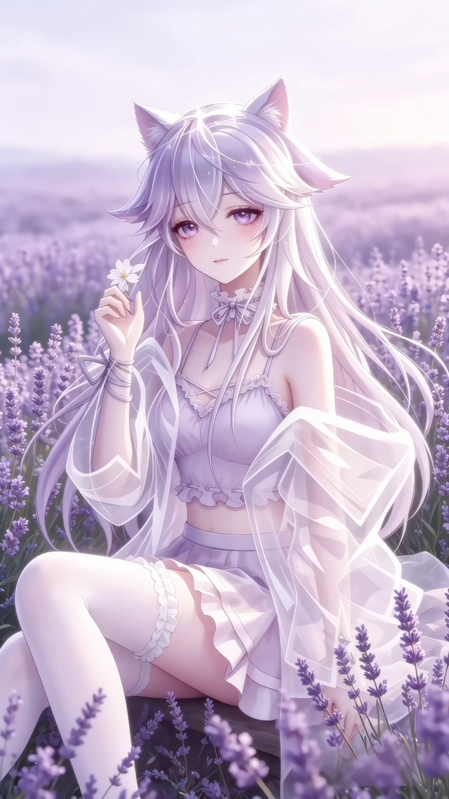 薰衣草与猫耳少女的紫调梦境