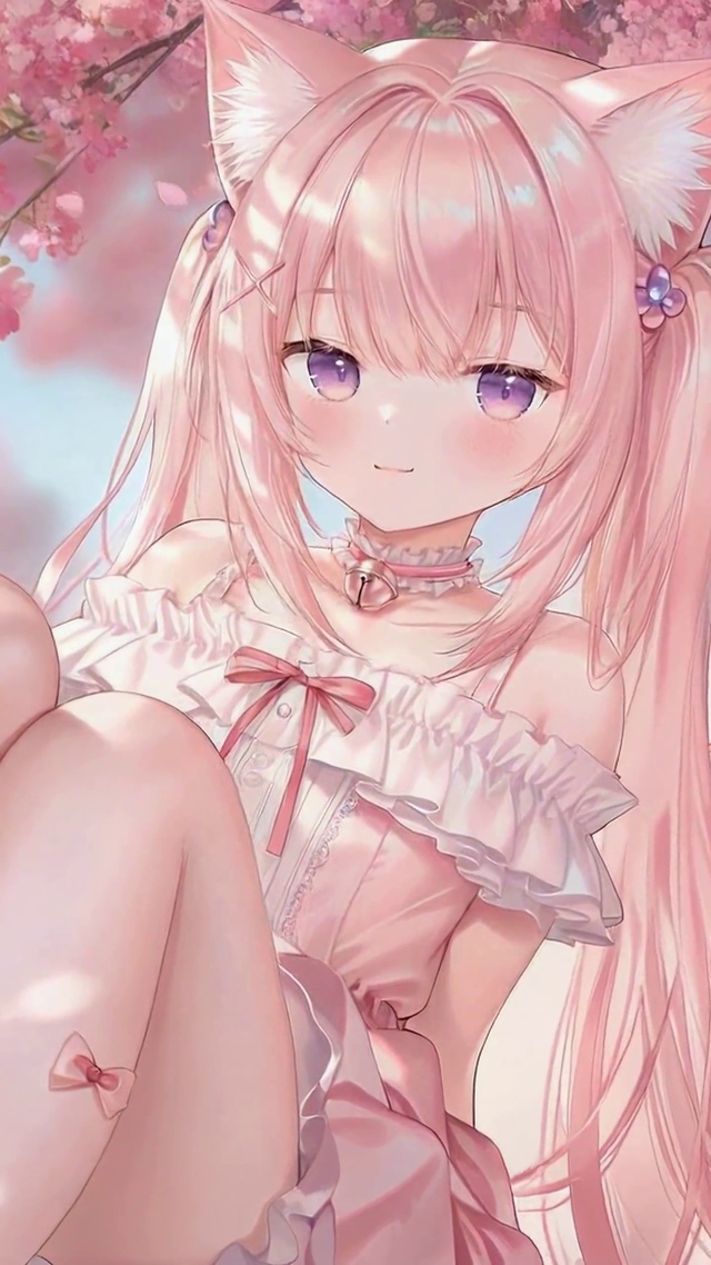 樱花下的粉发猫耳美少女