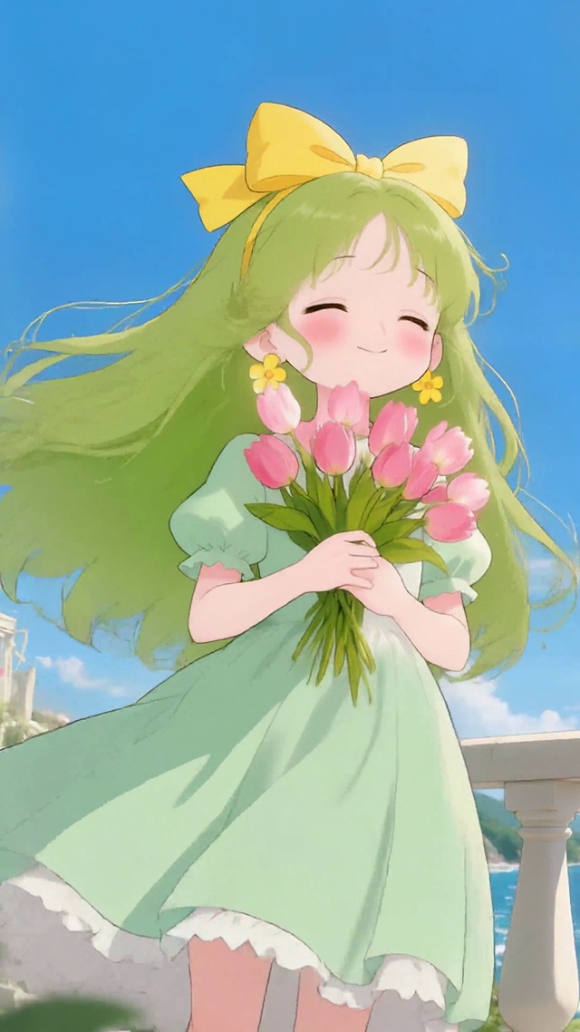海边捧花可爱女孩