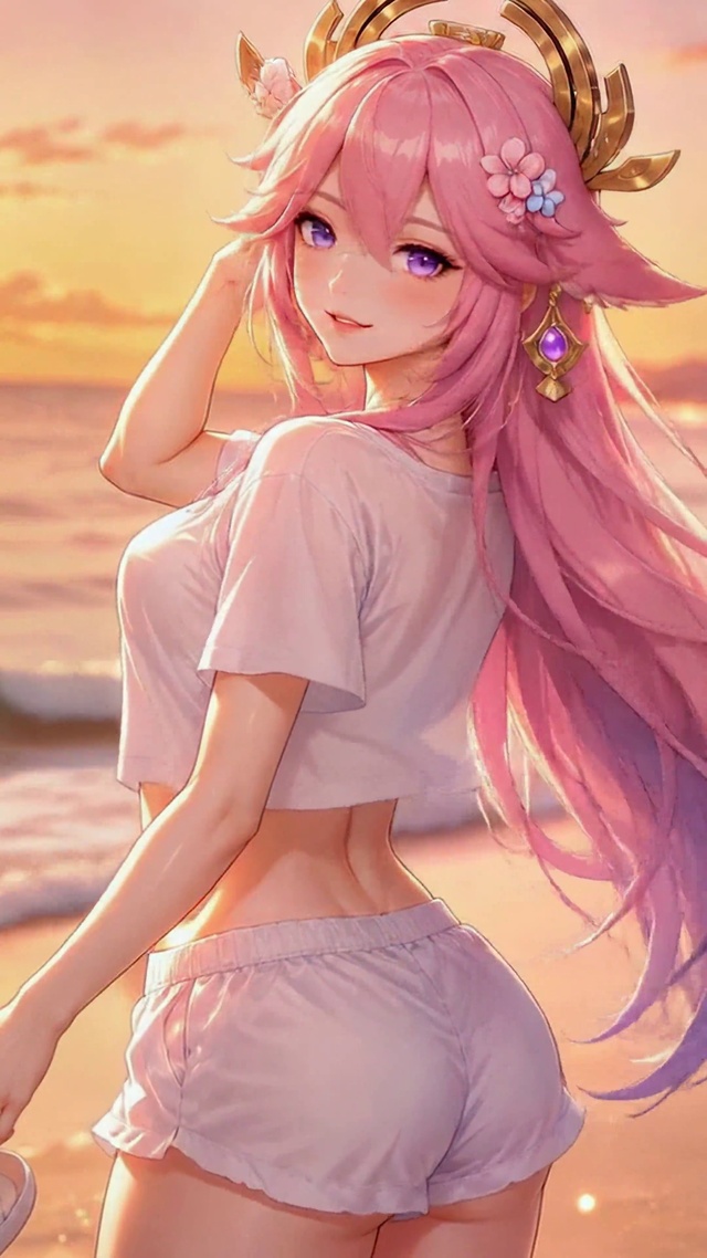 日落海滩粉发女孩八重神子