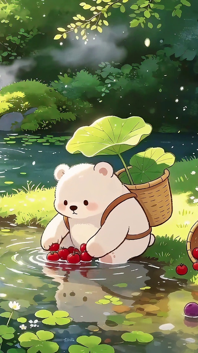 凉夏湿地洗水果的小熊