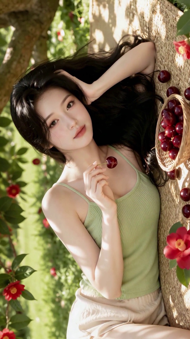 樱桃树下清甜美女