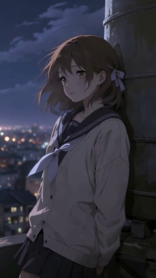 月夜天台的水手服少女