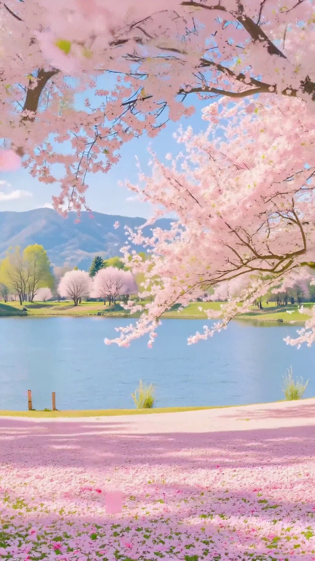 樱花树下粉色湖畔