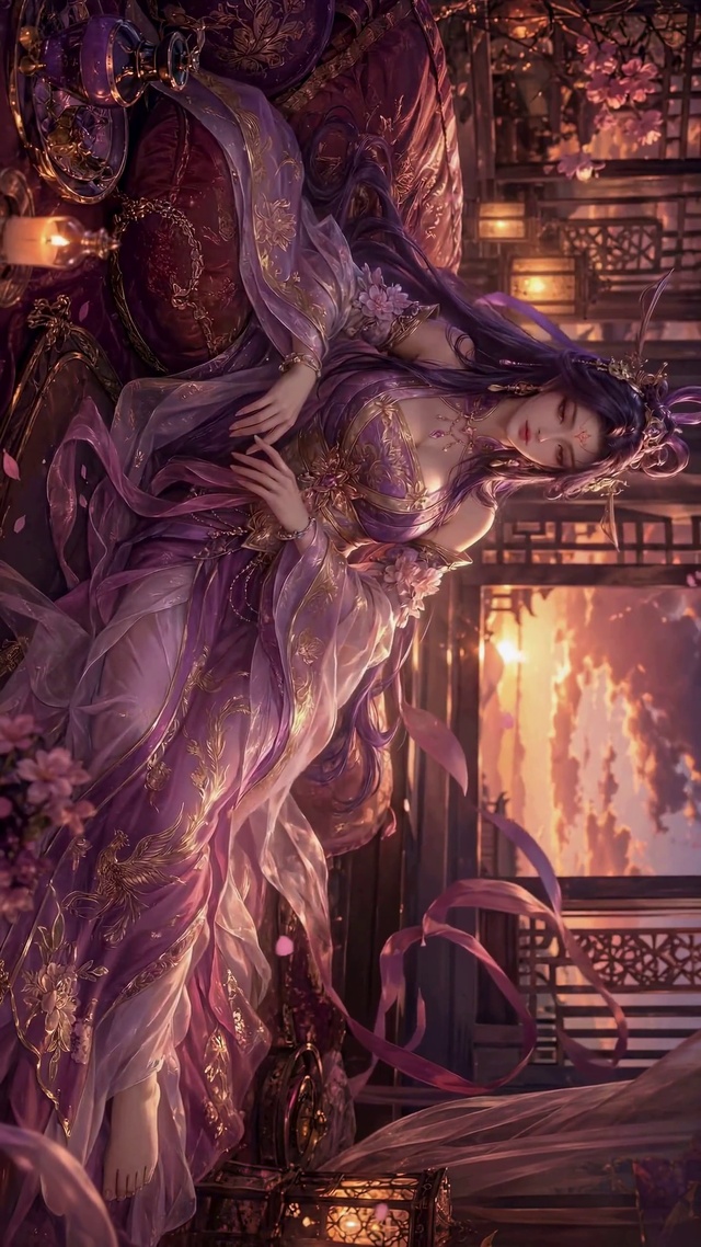 古风紫衣美人暮色闲卧