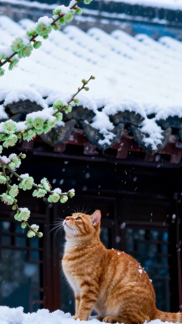 雪落古院绿梅萌猫
