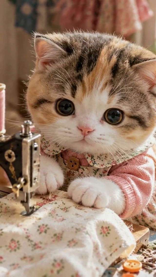缝纫的可爱小猫咪
