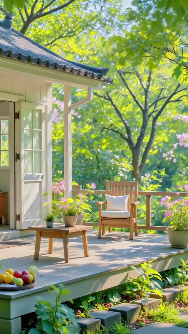 春日花园里的白色小屋