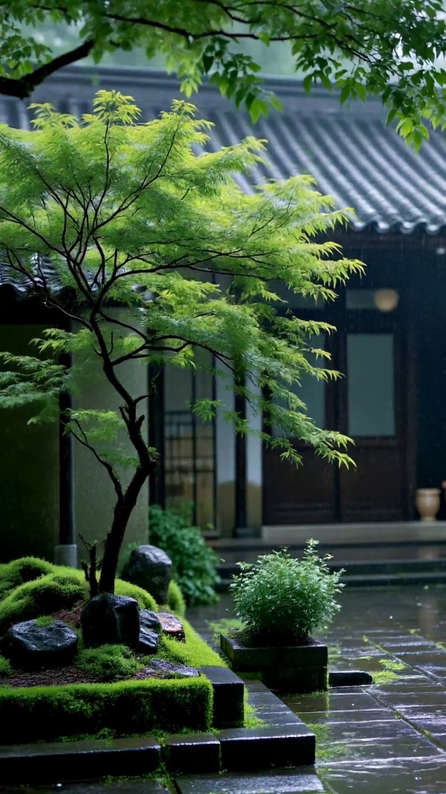 雨中静谧古风庭院