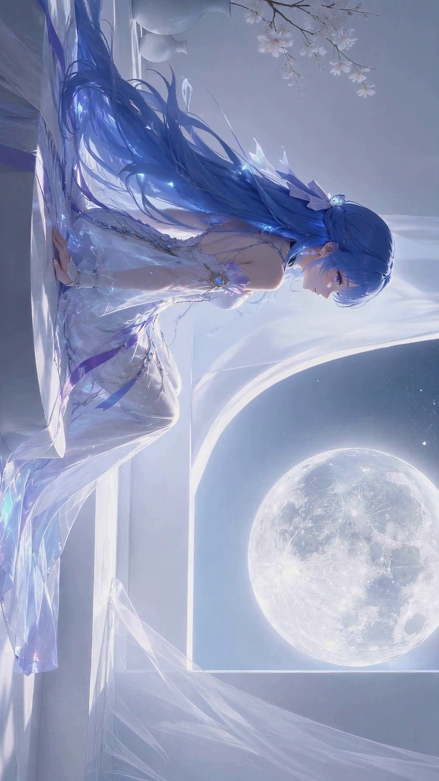 月夜窗边蓝发动漫少女