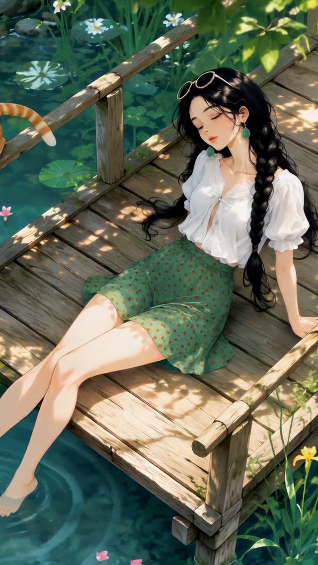 夏日溪边少女与橘猫