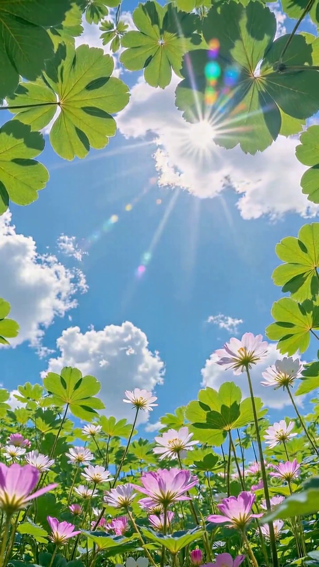 晴空下的仰拍清新花海