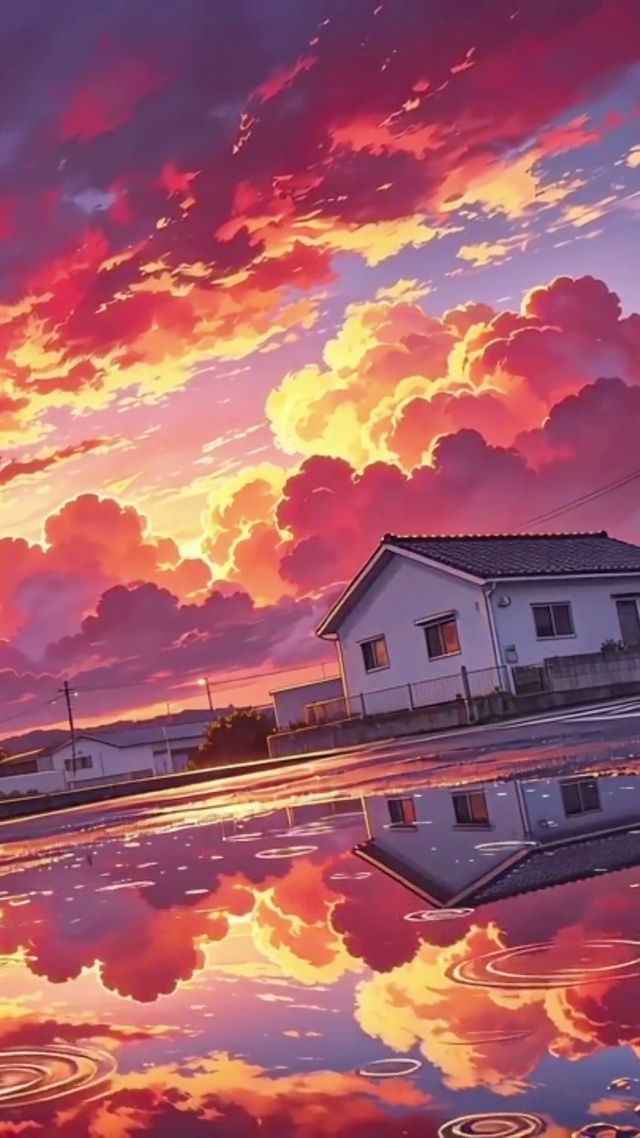 暮霞丝雨小镇