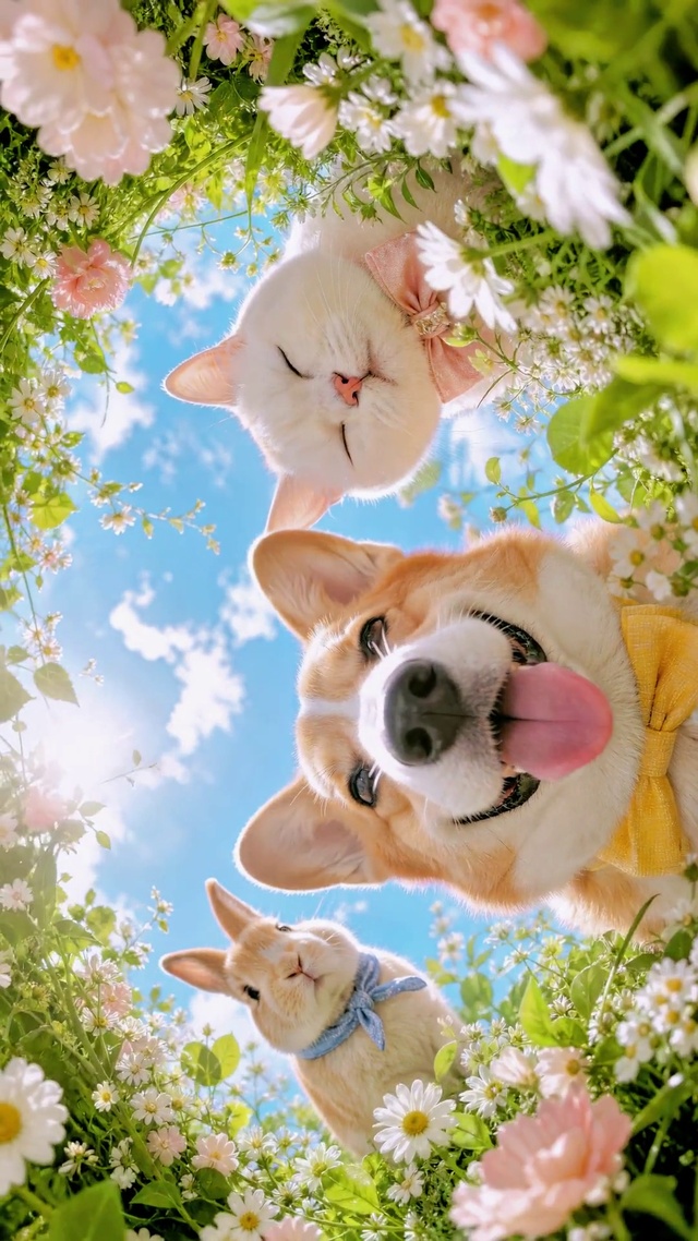 花丛探头的三小只