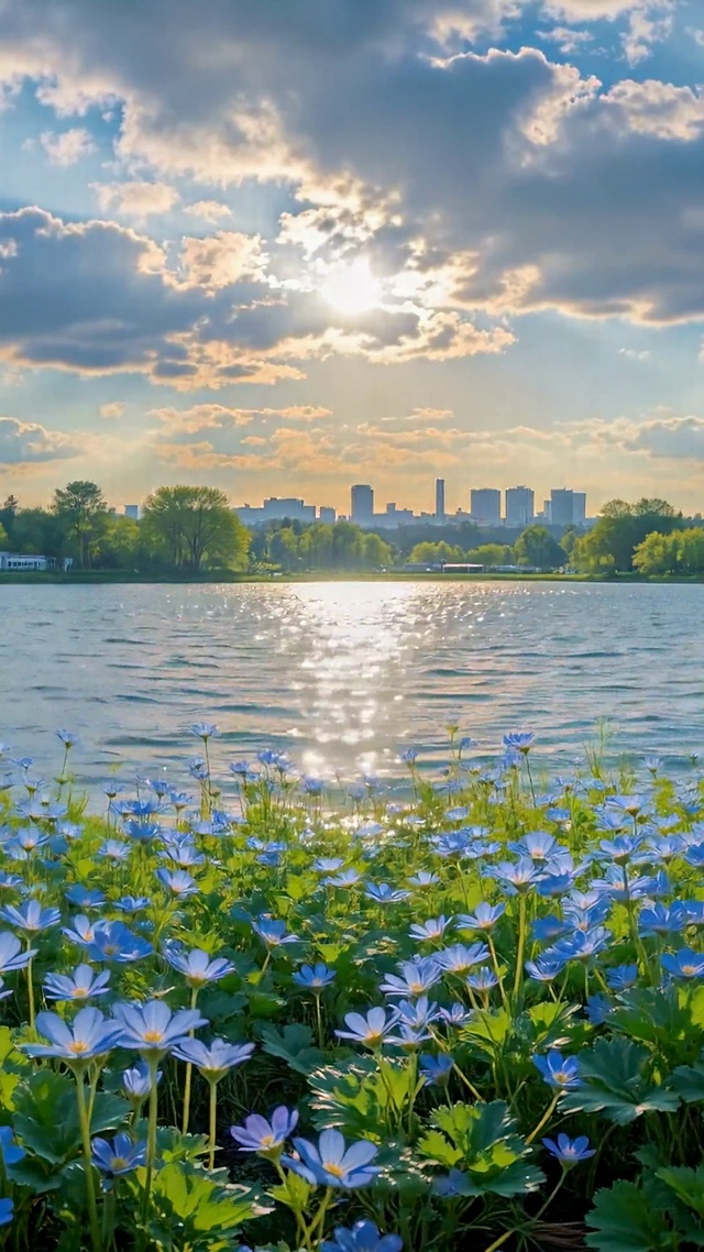 晨光湖畔蓝花唯美风景