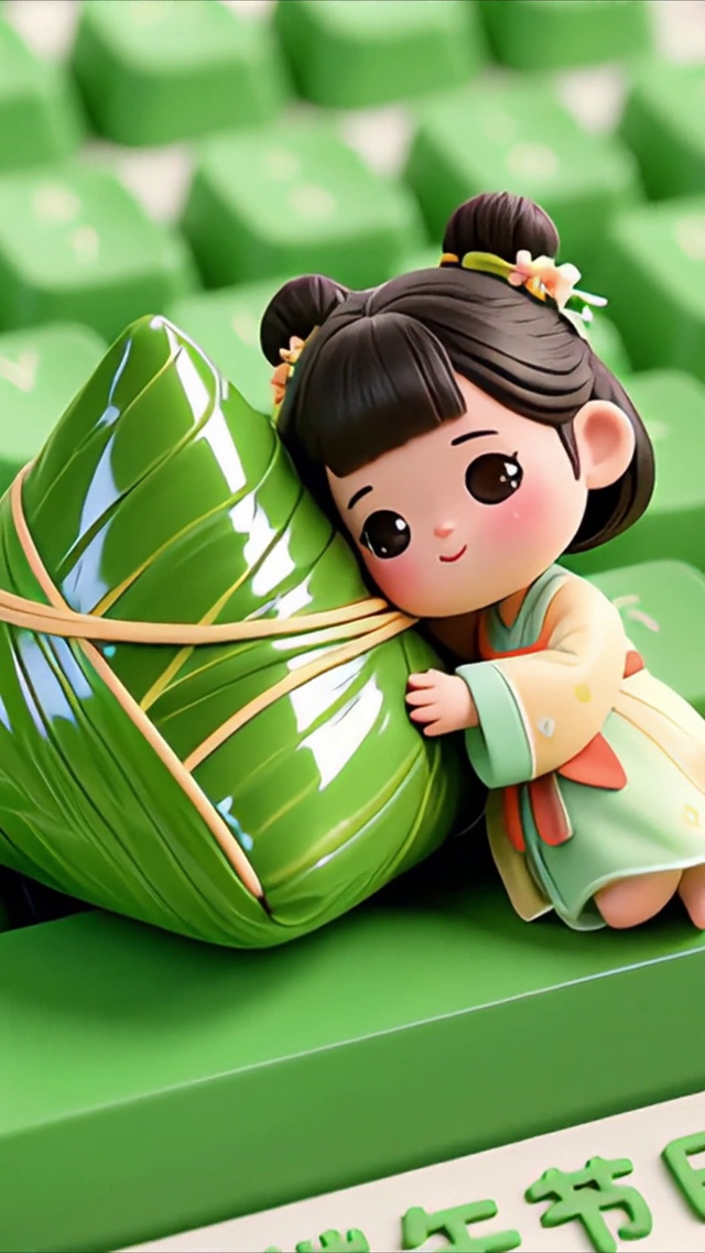 键盘上抱着粽子的汉服小女孩