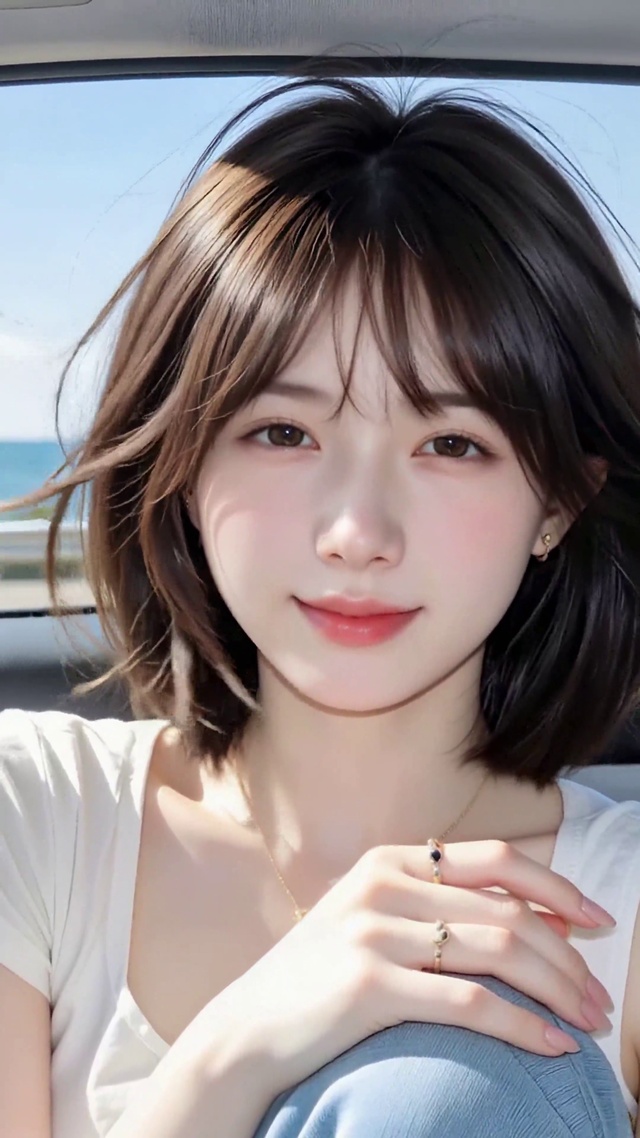 海边车中清纯短发美女