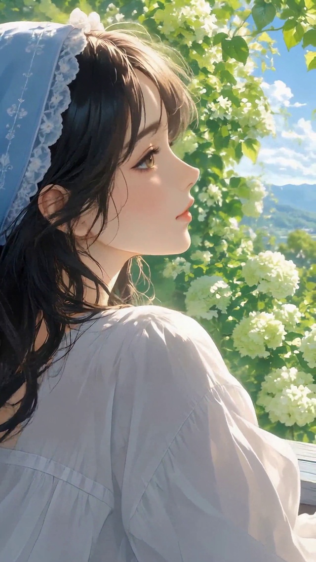 窗边少女眺望春日山野