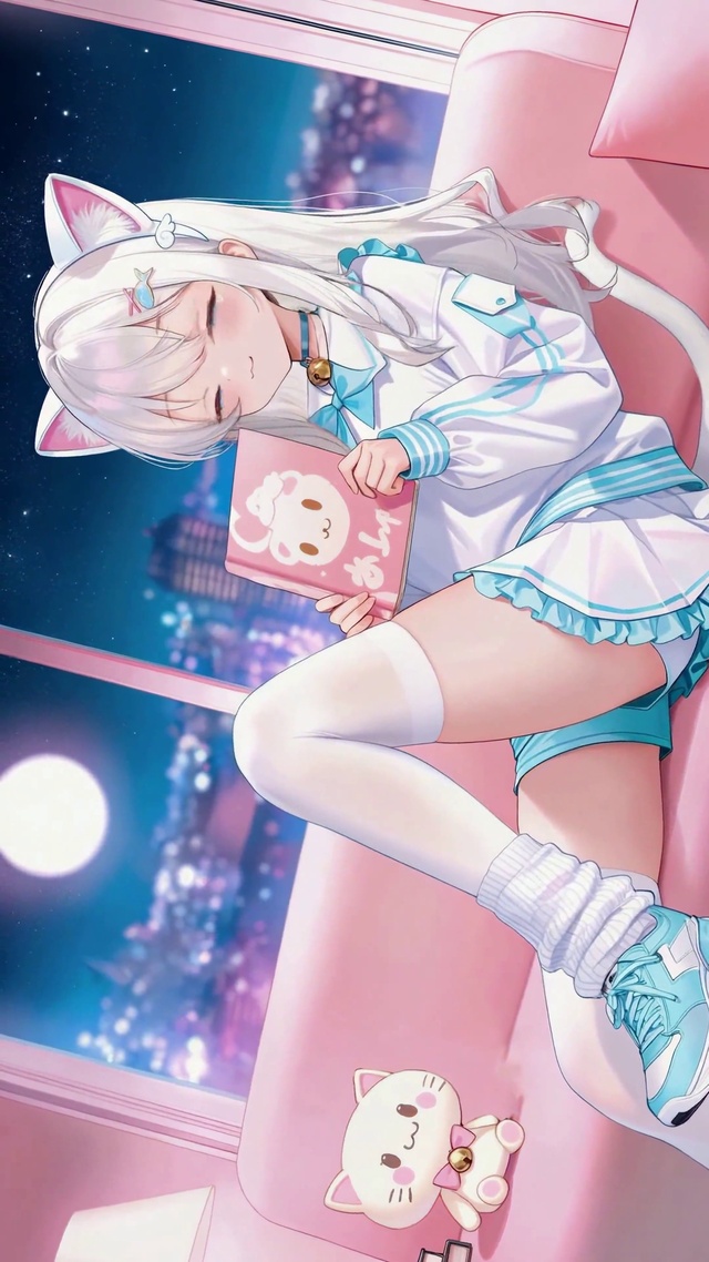 软萌猫耳白发少女城市夜景