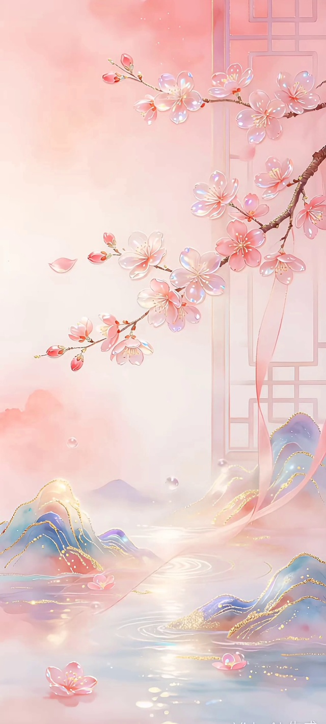 浅粉桃花柔雾新中式国风意境