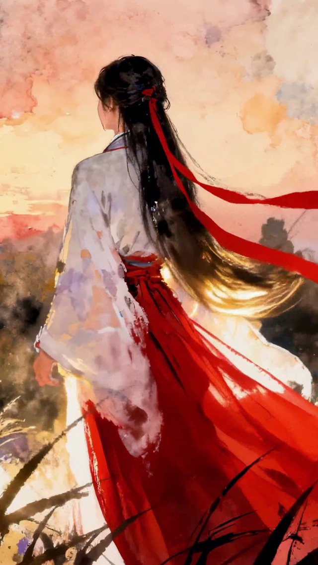 水韵红丝野黄昏独行红裙古风少女