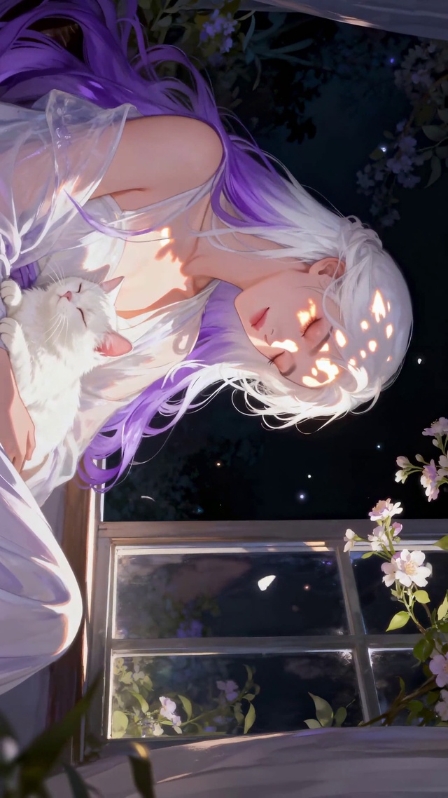 窗边白发少女与慵懒白猫