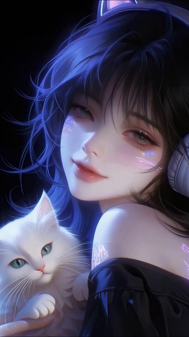 赛博猫耳少女与可爱白猫