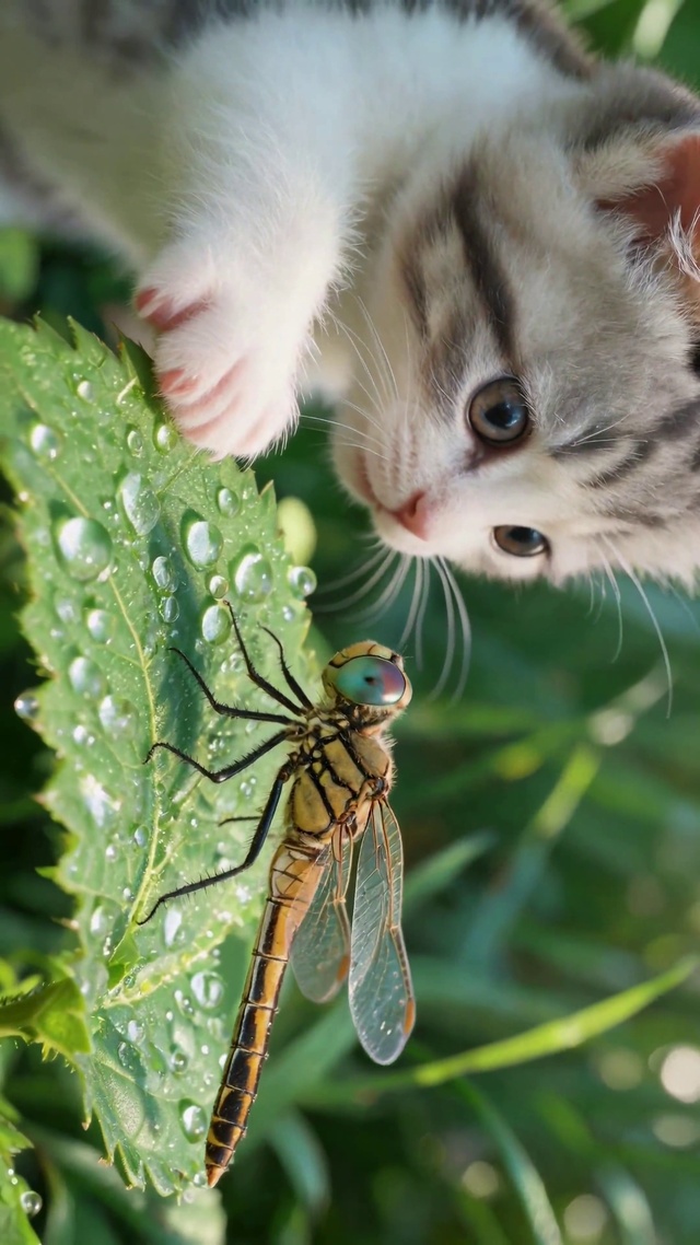 清新草丛萌猫遇蜻蜓