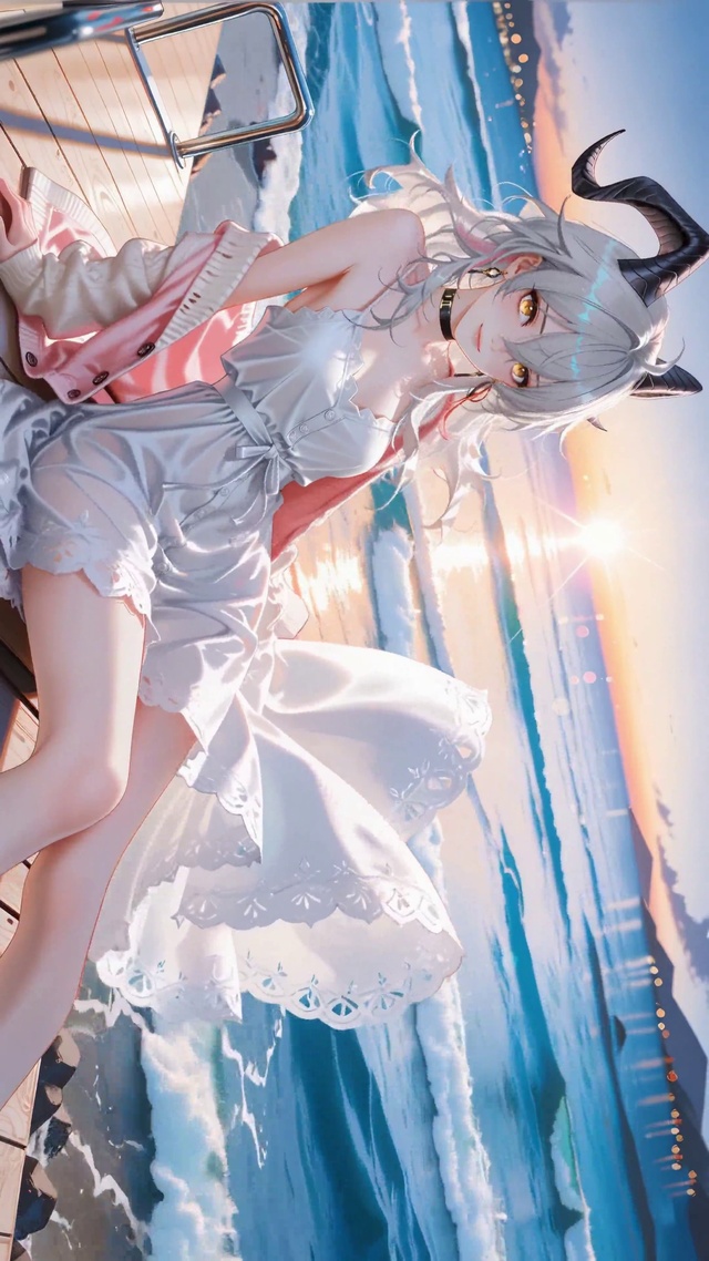 海边日落白裙少女赞妮
