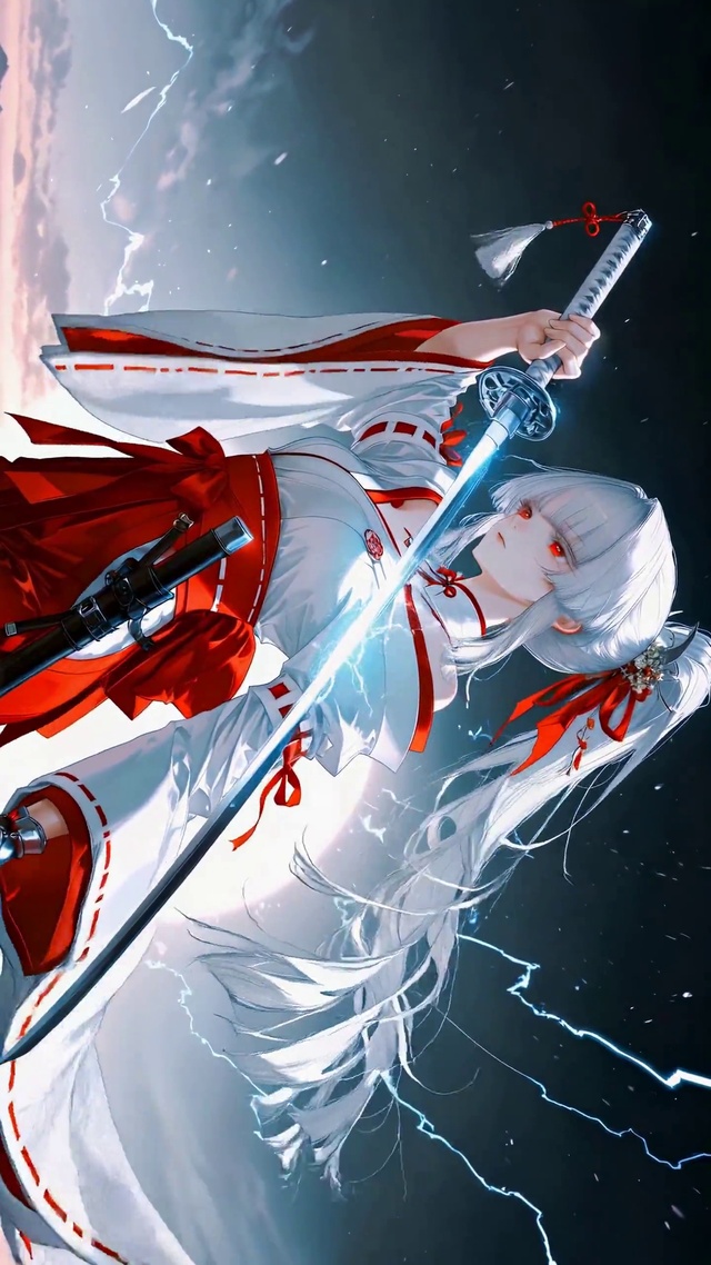 白发红衣巫女武士炫酷壁纸
