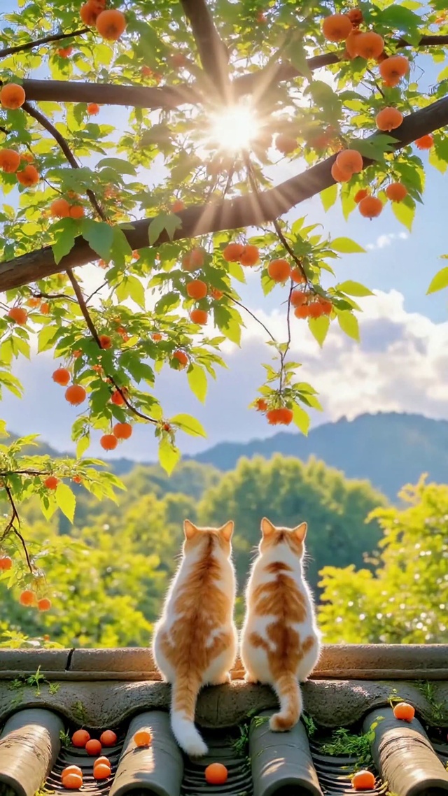 晴日屋顶橘猫望山林