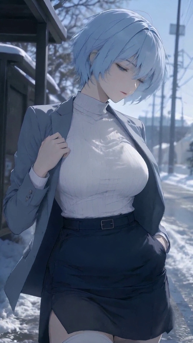 冬日街头蓝短发清冷美少女