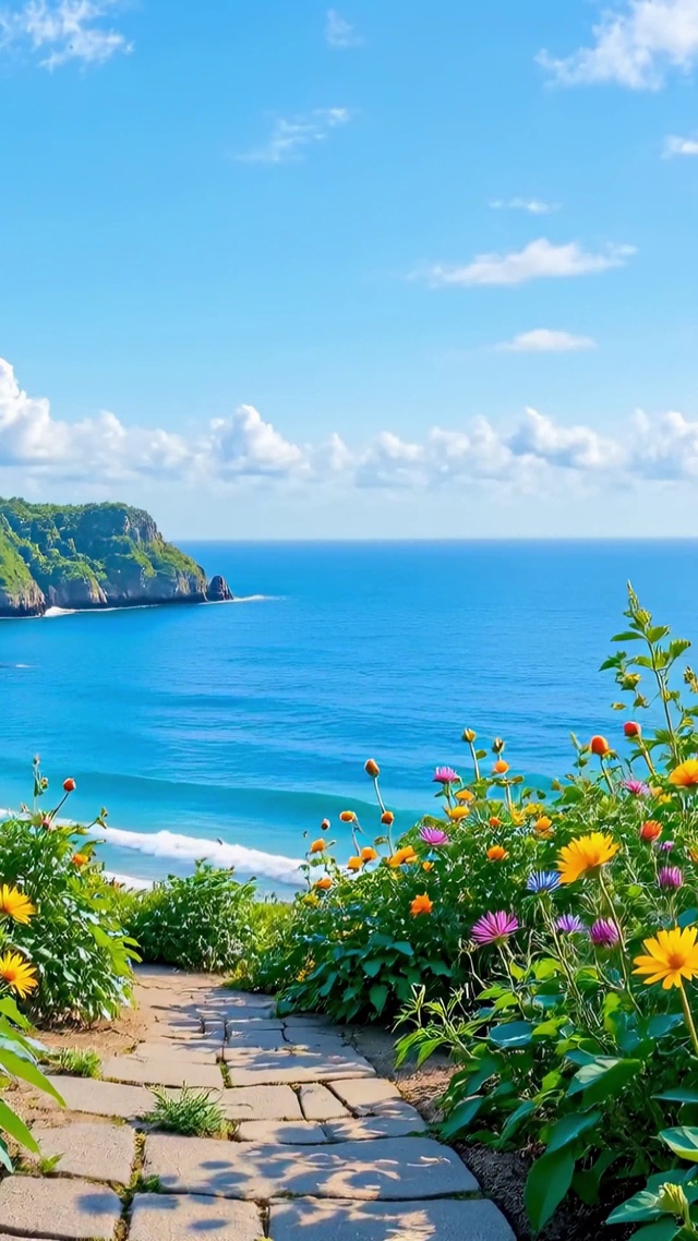 蓝天下的海岸野花小径