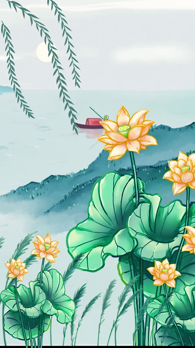 荷花、蝴蝶、燕子、小船