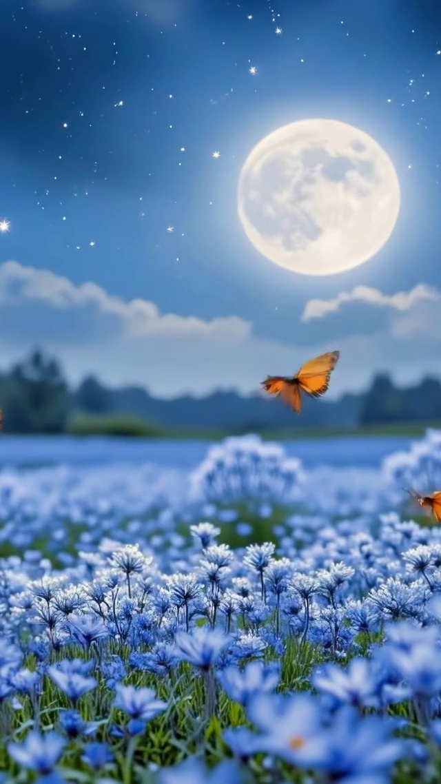满月下的蓝色花田