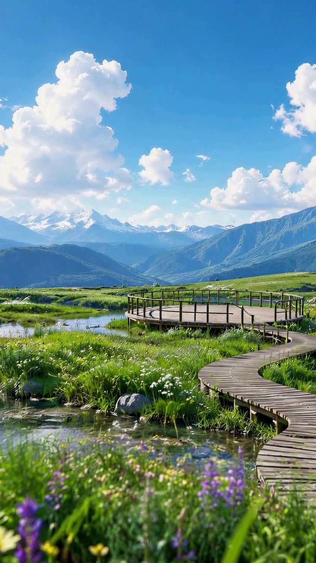 蓝天远山溪流治愈风景