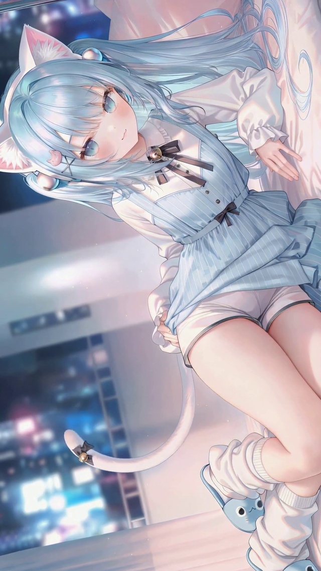 蓝发猫耳二次元软萌少女
