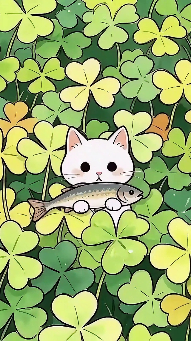 四叶草丛中偷吃鱼的小猫