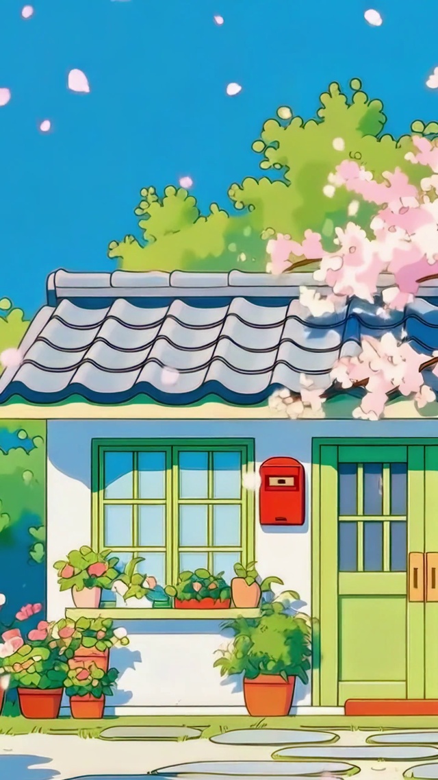 春日晴空下的绿门小屋