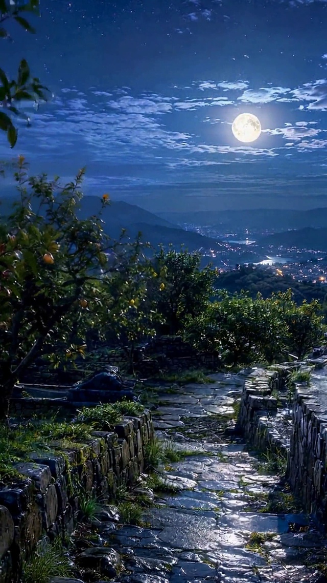月夜星空山间果园唯美夜景