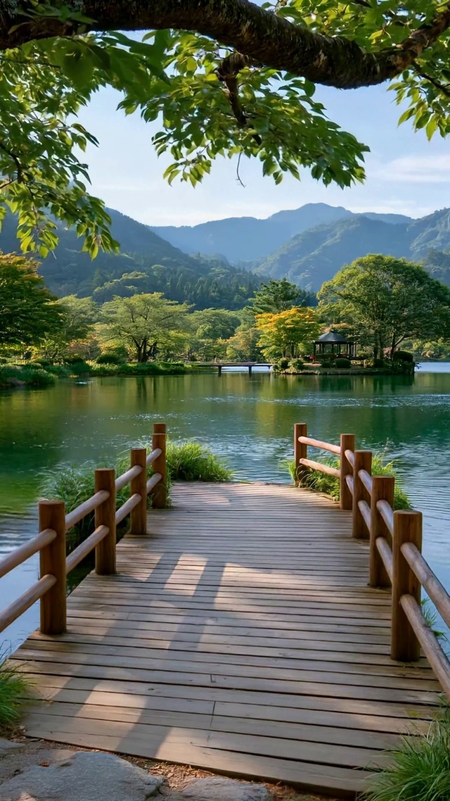 清幽湖畔青山绿意自然风光