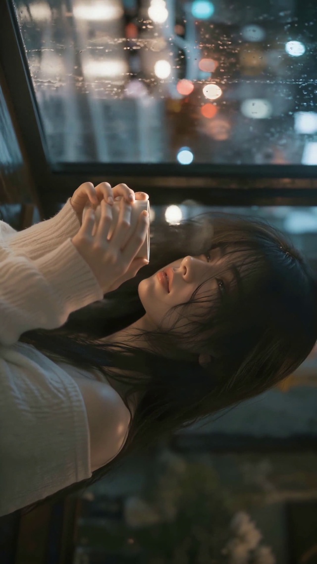 雨夜窗边的温柔美女