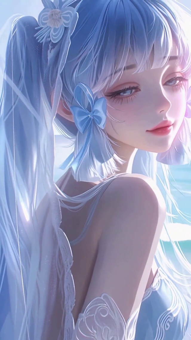 窗边蓝发二次元美少女