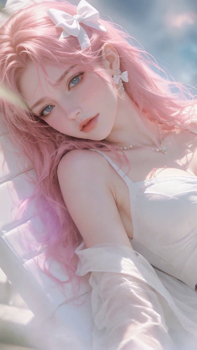 夏日泳池边的粉发少女