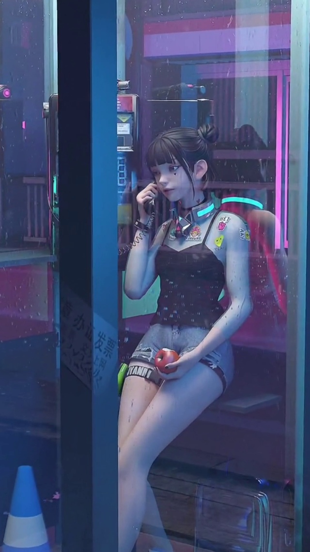 深夜电话亭的美丽女孩 