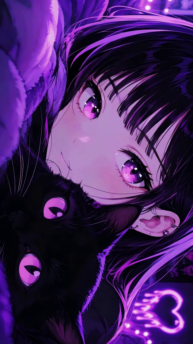 紫色氛围感美少女与黑猫