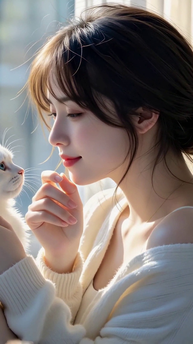 窗边美女与猫咪治愈日常